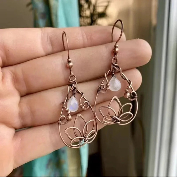 Champagne Lotus Flower Drop Hoop Earrings - Picture 2 of 6